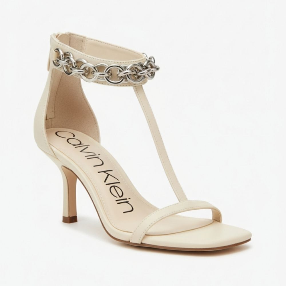 Calvin Klein Nova Chain T-Strap Square-Toe High-Heel Sandals New SZ 6.5 Cream